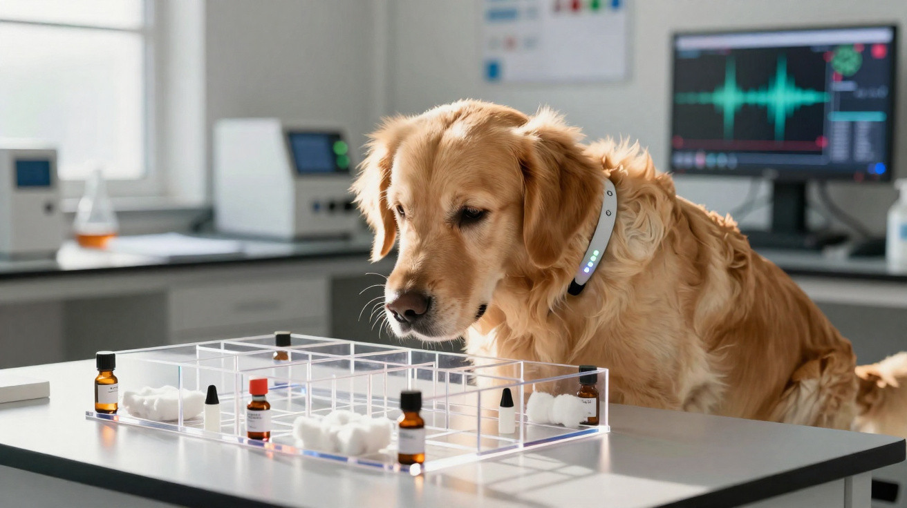 Golden retriever wearing a collar sniffing samples in a clear tray on a laboratory table.