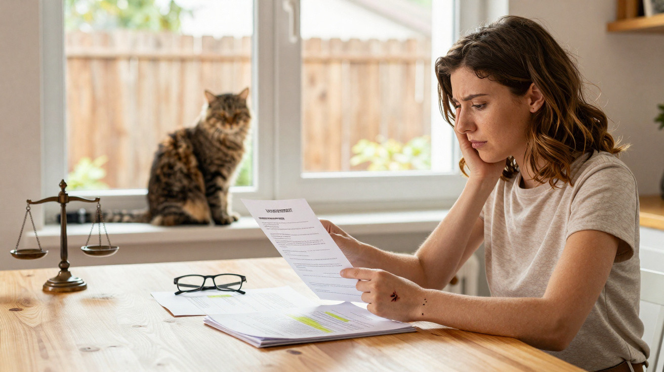Woman reading a document at a table with a cat on the windowsill and a balance scale on the table
