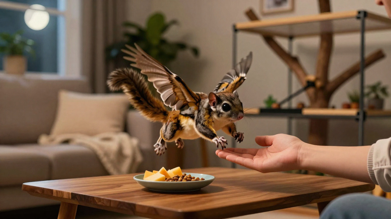 Flying squirrel with wings reaching out to a hand over a wooden table with a plate of cheese and nuts
