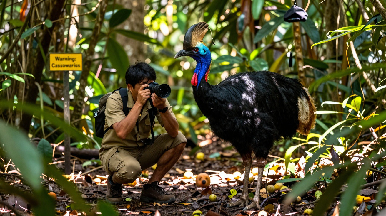 Photographer crouching to take a close-up photo of a colourful cassowary bird in a dense forest.