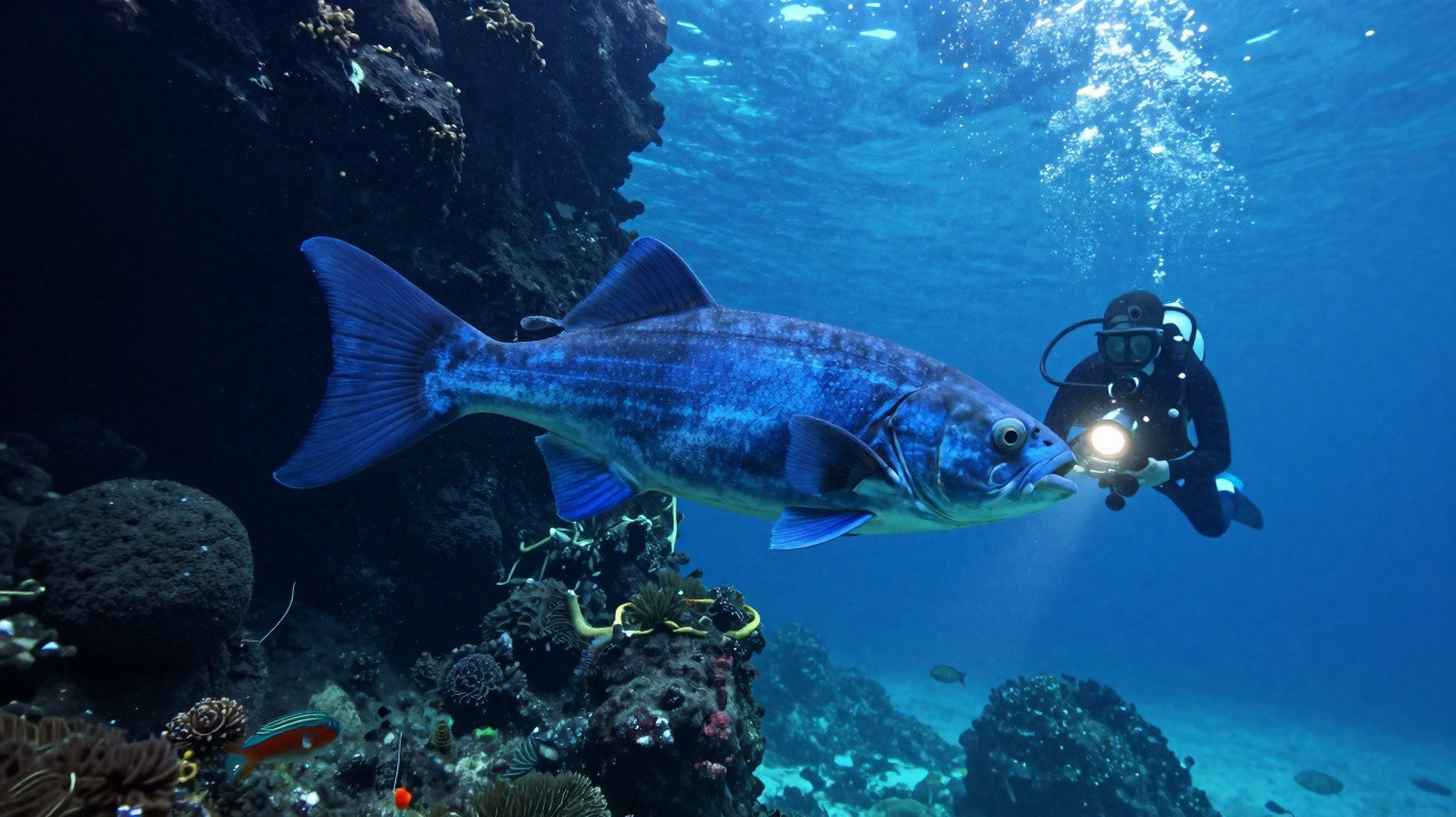 Large blue fish swimming near a scuba diver with a flashlight by a coral reef underwater.