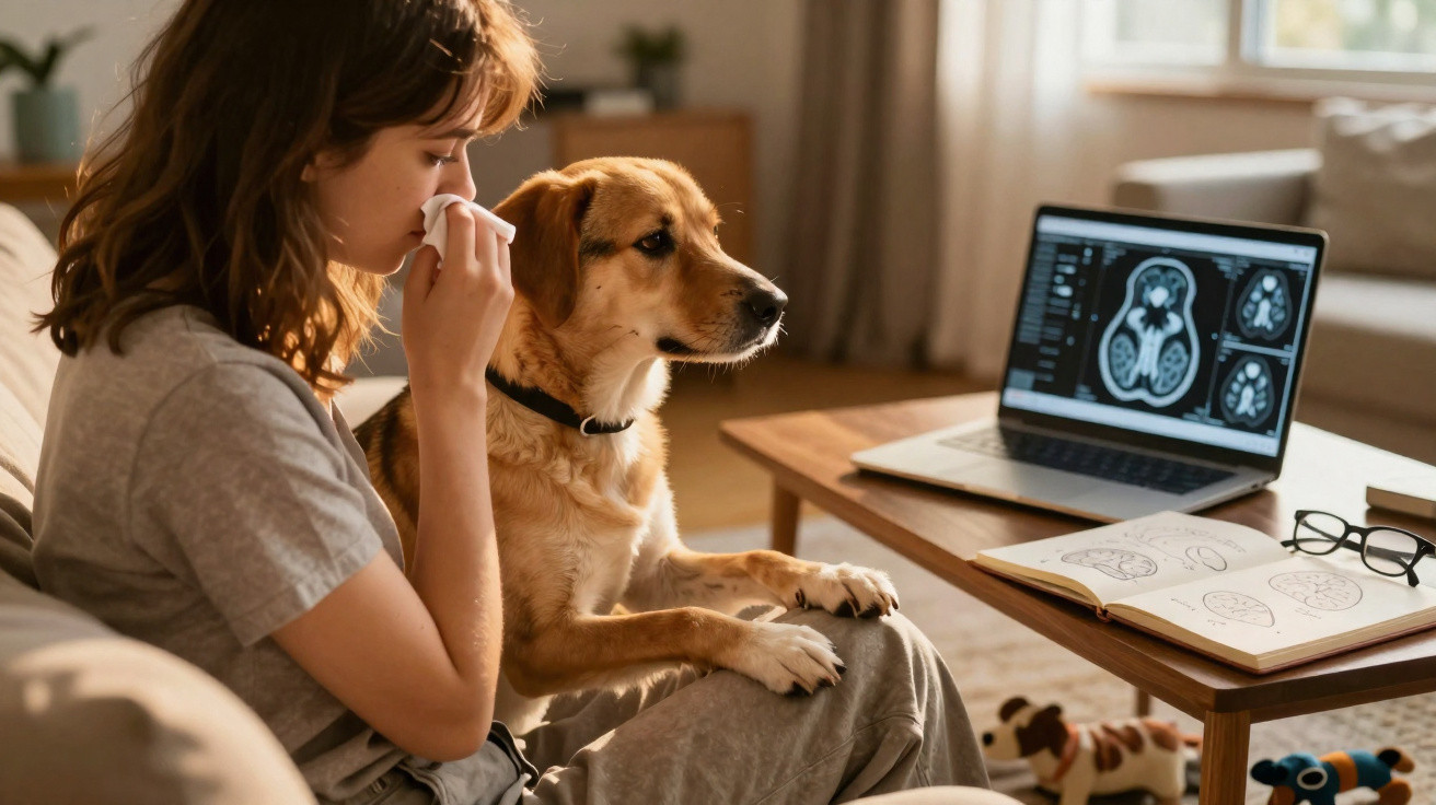 Woman sitting on a sofa with a dog beside her and brain scan images on a laptop on a coffee table.