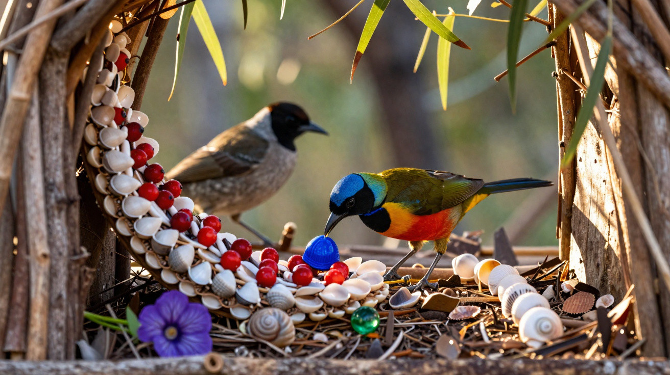 Two birds on a decorated nest with shells, beads, and a purple flower in natural light.