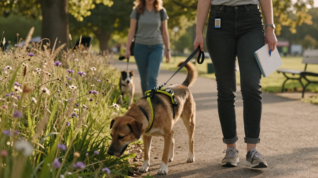 Person walking a dog sniffing flowers on a park path with another person walking a dog in the background.