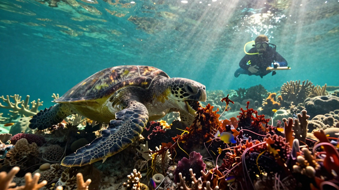 Green sea turtle grazing on coral reef with scuba diver observing underwater in clear ocean sunlight.