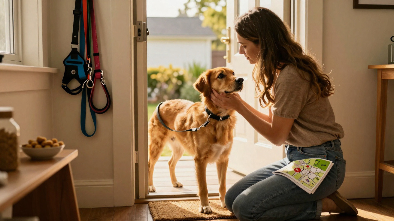 Woman kneeling at door while holding a golden retriever dog on a leash inside a home.