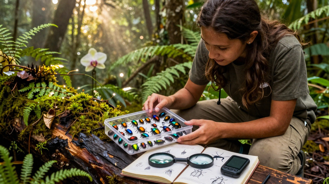 Woman studying colourful beetle specimens in a forest with magnifying glasses and an insect guidebook nearby