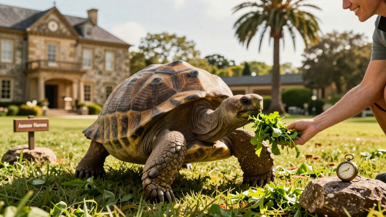 Giant tortoise being fed leafy greens by a person in a garden with a clock and house in the background.