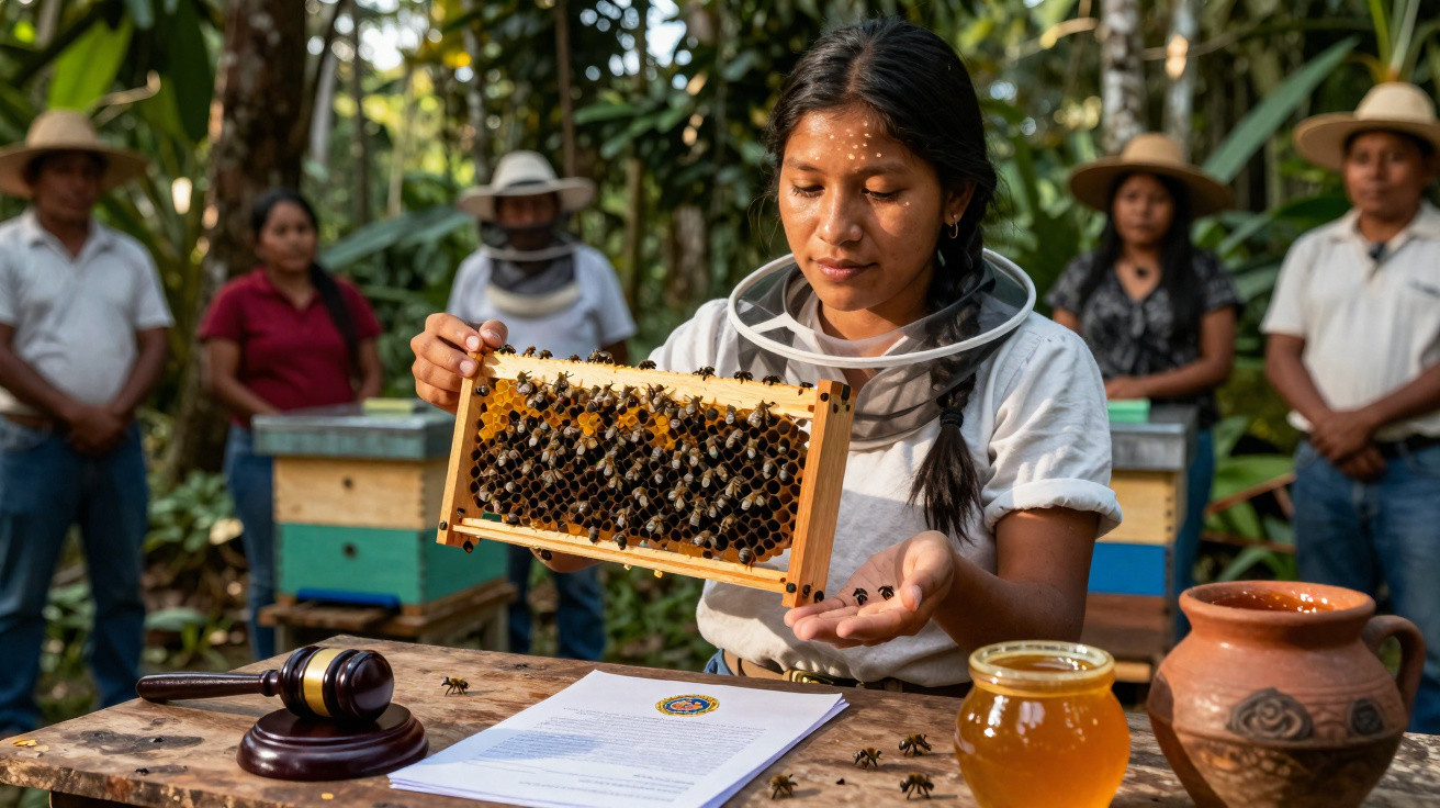Indigenous woman examining a honeycomb with bees, surrounded by people and honey jars, in a forest setting.