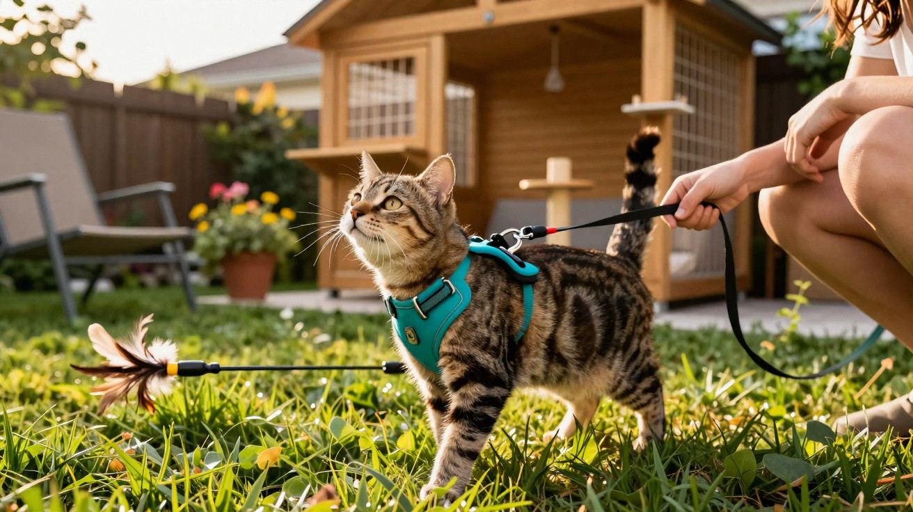 Tabby cat wearing a blue harness on a leash in a garden with a wooden cat house in the background.