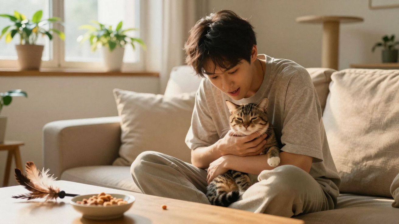 Young man sitting on sofa gently holding a tabby cat in a cosy, sunlit living room.