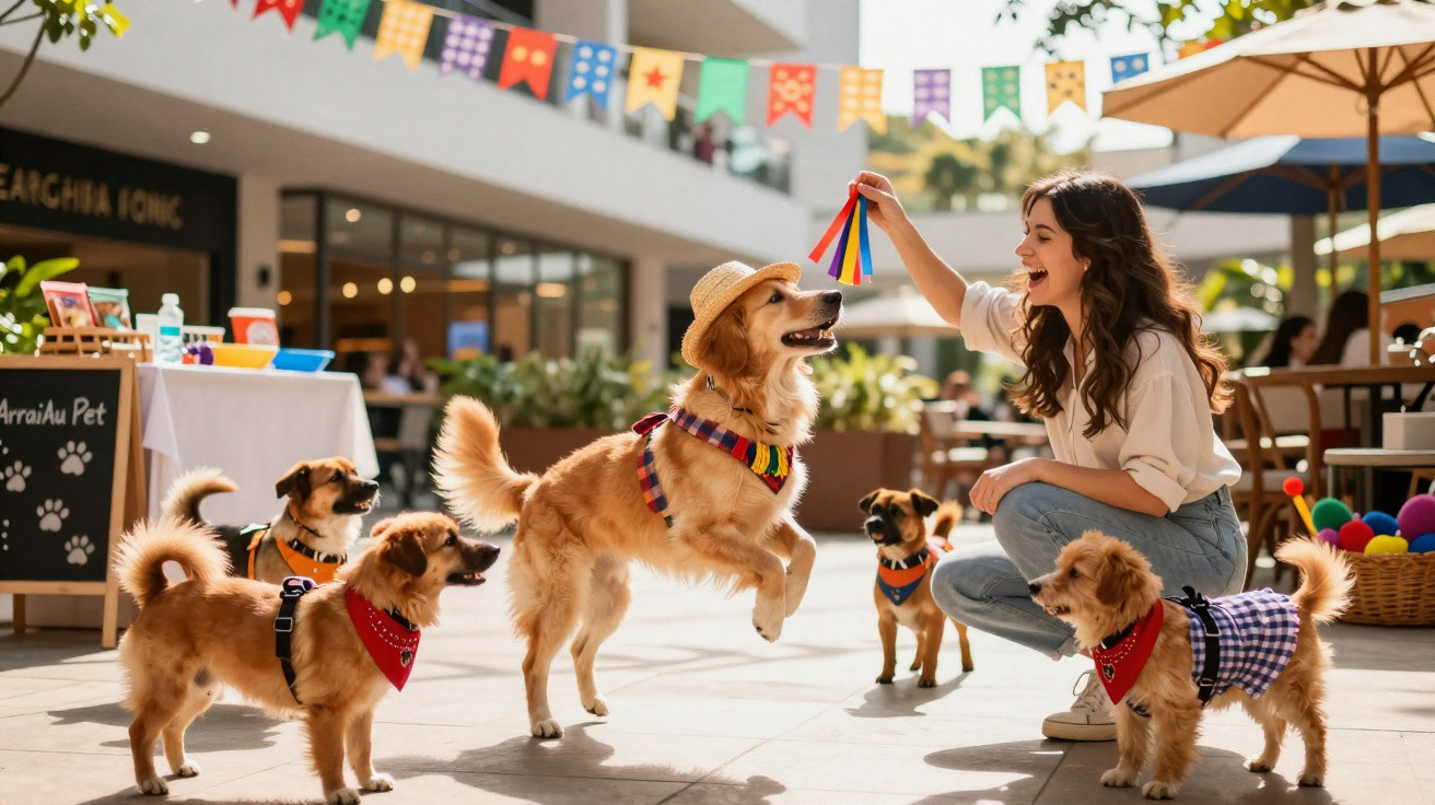 Woman playing with dogs dressed in festive clothes at an outdoor pet party with colourful bunting overhead