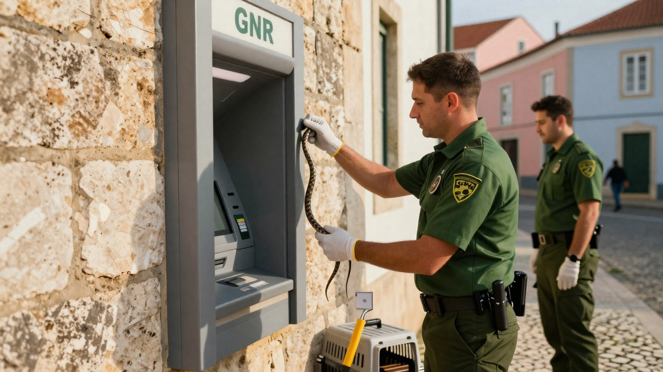 Two uniformed officers removing a snake hidden inside an ATM machine outdoors.
