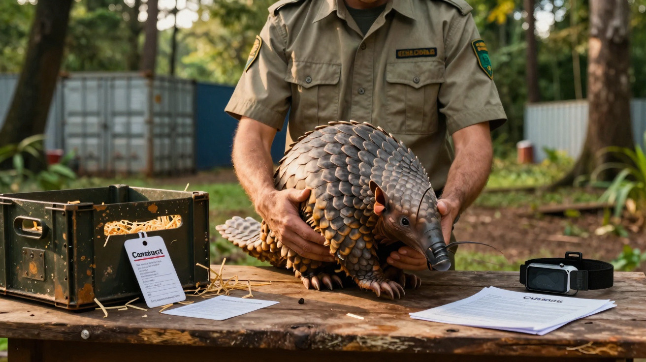 Wildlife ranger holding a live pangolin on a wooden table with documents and equipment outdoors.