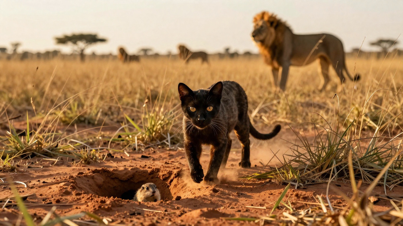Black panther walking near a meerkat emerging from a burrow with a lion standing in the grassy background.