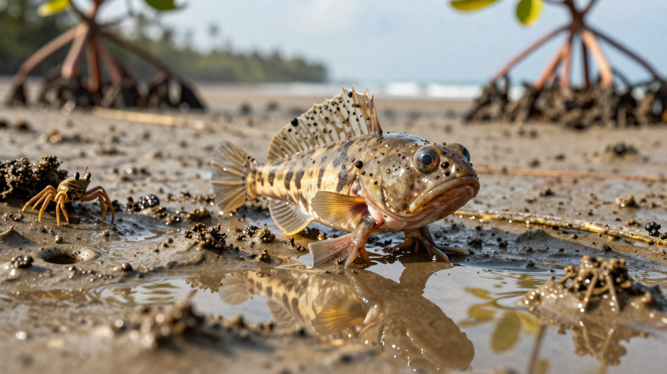 Mudskipper fish walking on muddy ground with a small crab and mangrove roots in the background.