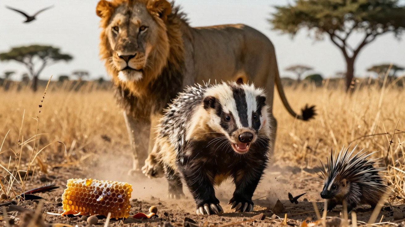 A lion stands behind a badger and a porcupine on dry grassland near a piece of honeycomb.
