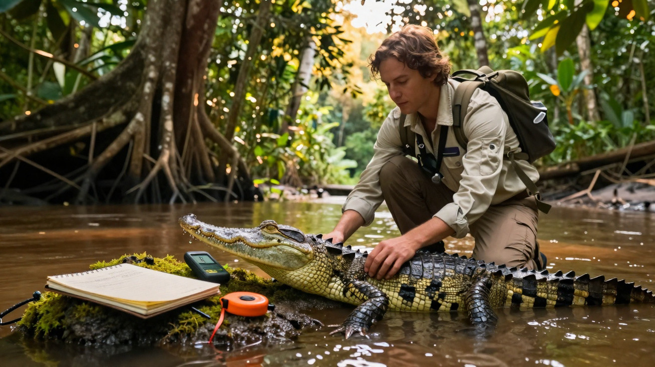 Researcher in khaki crouches in shallow water with a young crocodile in a dense tropical forest.