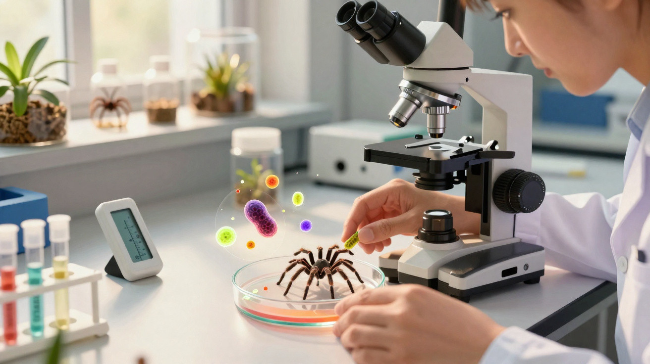 Scientist examining a tarantula and animated microbes in a petri dish using a microscope in a lab.