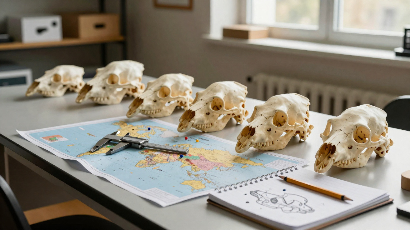Row of animal skulls lined up on a table with a world map, caliper tool, and a notebook with skull sketches.