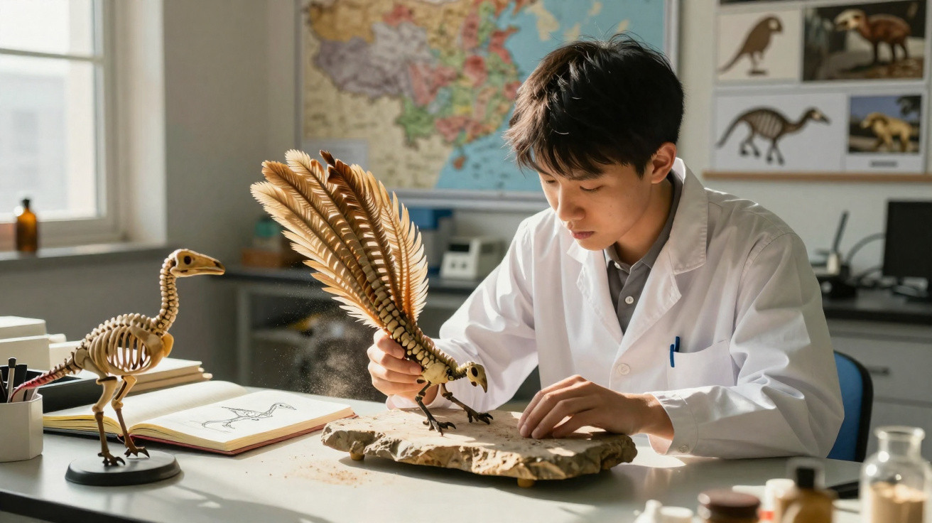 Scientist in a lab coat examining a feathered dinosaur model on a stone base at a desk with fossils and sketches.