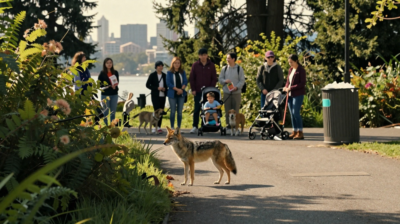 Coyote standing on a park path with people and dogs in the background near a city waterfront.