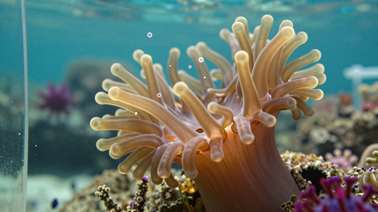 Close-up of a sea anemone underwater with translucent tentacles and surrounding coral and marine life.