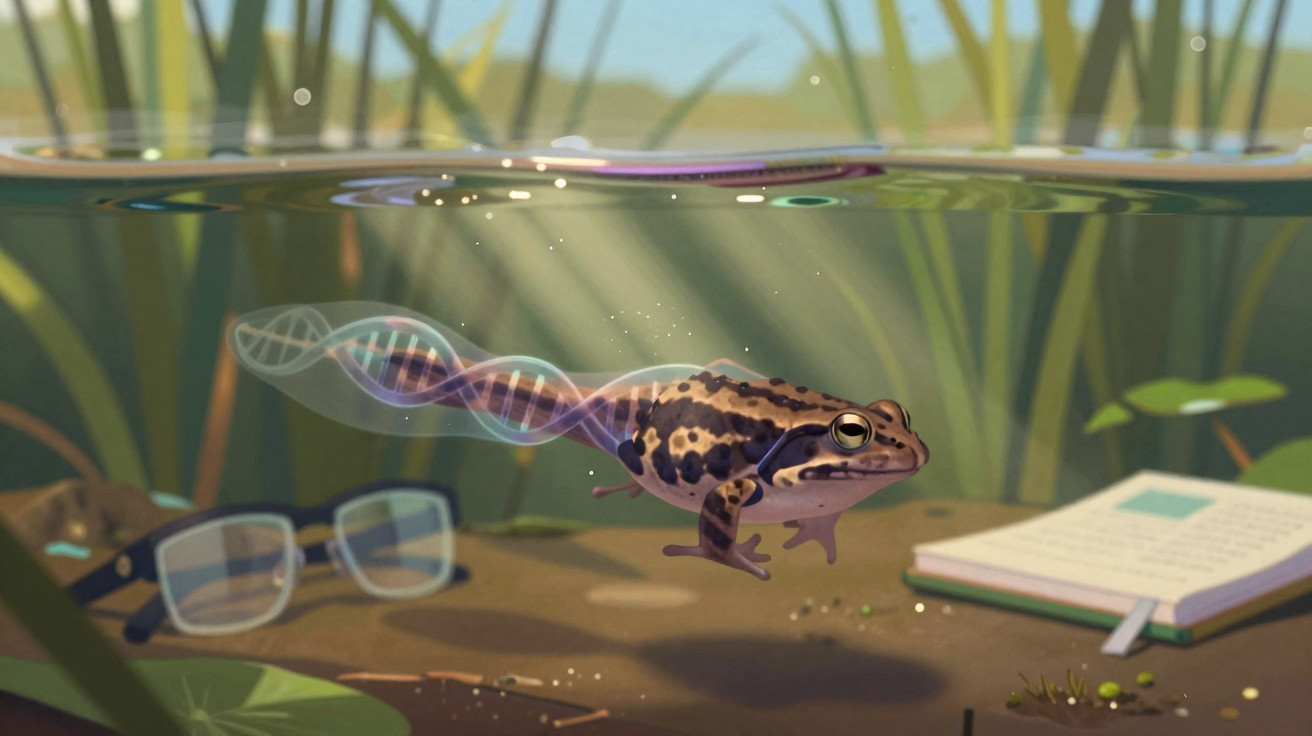 A frog swimming underwater with a visible DNA strand forming its tail near glasses and a notebook on the pond floor.