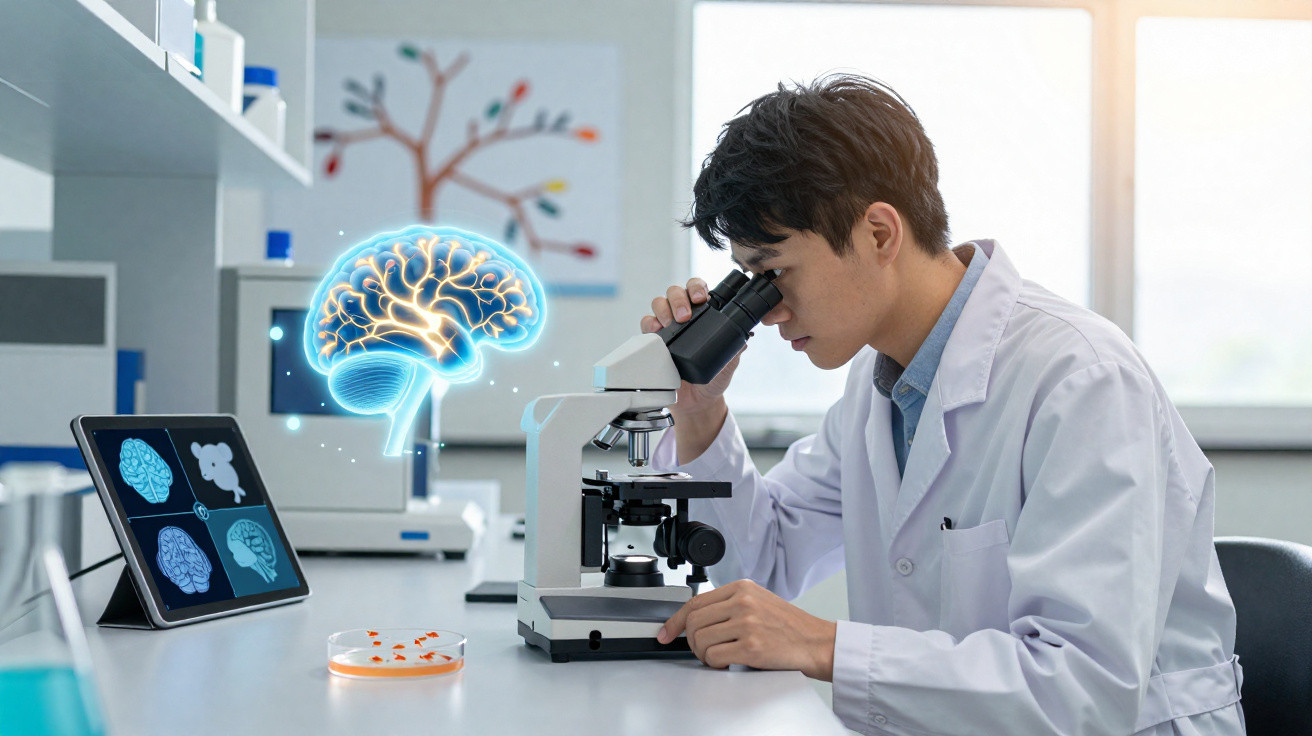 Scientist in lab coat examining samples under microscope with digital brain hologram and tablet display.