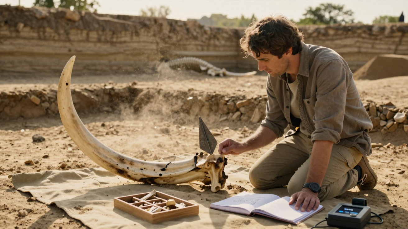 A man examines a large fossilised tusk and skull in a desert excavation site while taking notes.