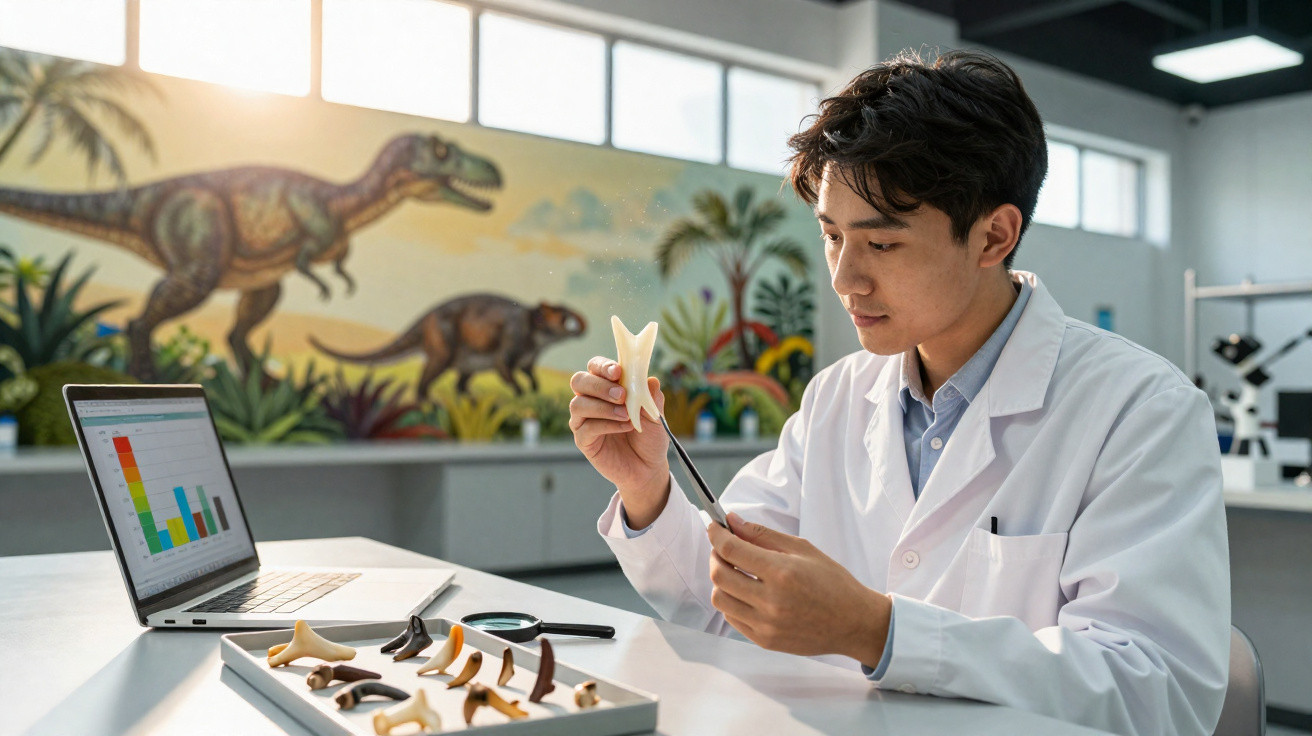 Scientist in a lab coat examining a dinosaur bone replica, with fossils and a laptop on the table.