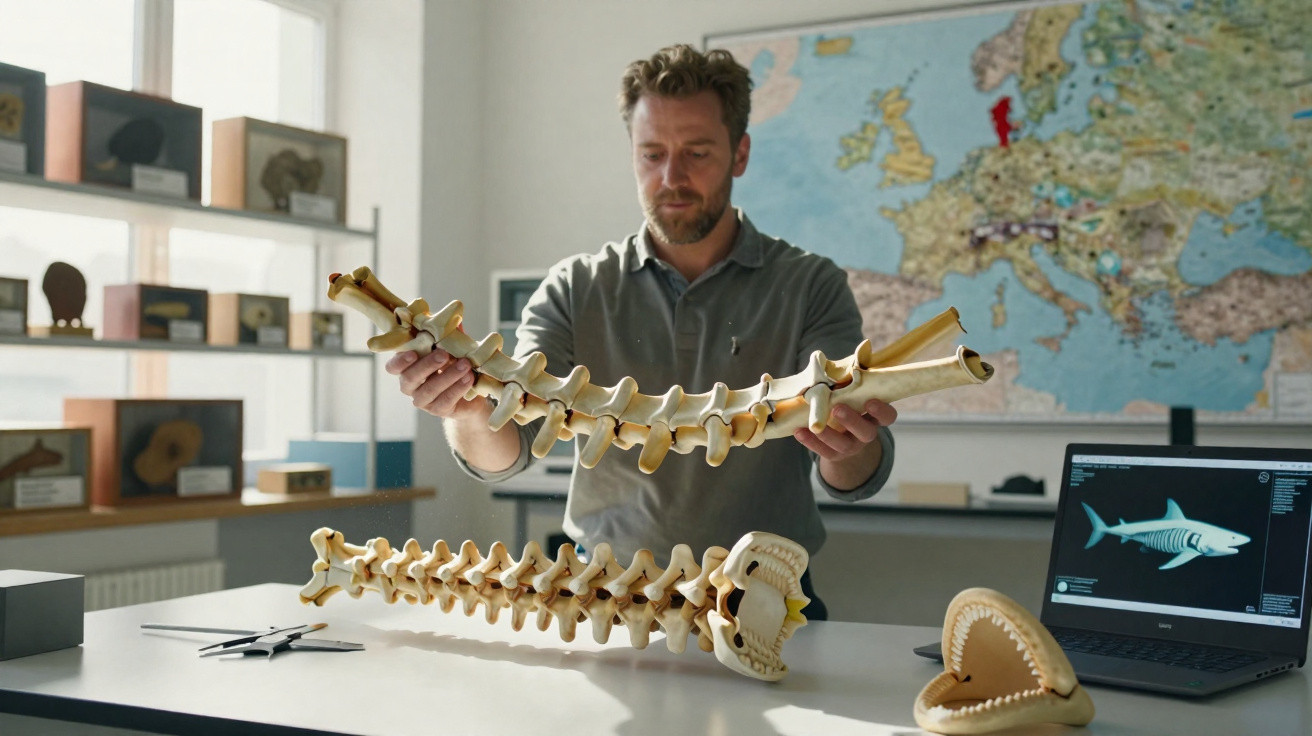 Man examining large model of a shark’s spine in a study with shark jaw models and a shark X-ray on a laptop screen.