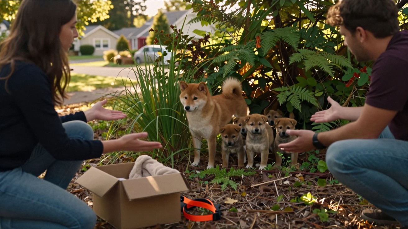 A woman and man kneel with outstretched hands to a Shiba Inu dog and her five puppies in bushes.