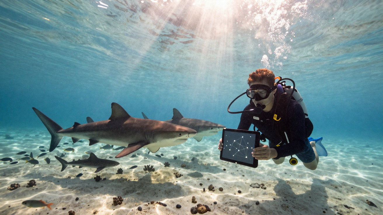 Scuba diver underwater holding a tablet near several sharks in clear, sunlit ocean water.