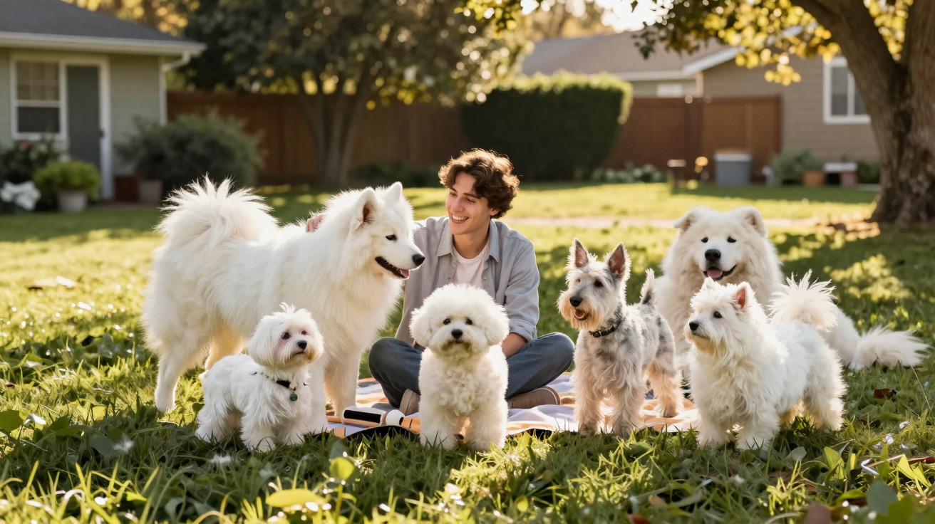 Young man sitting on grass outdoors surrounded by six small and large fluffy white dogs in sunlight.