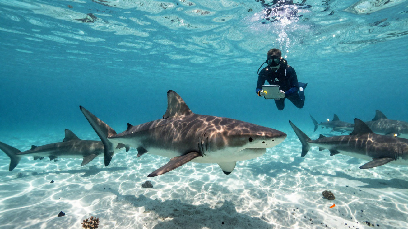 Scuba diver underwater observing several sharks swimming near the sandy ocean floor in clear water.