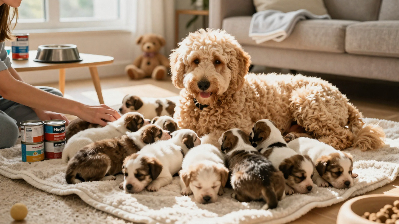 Curly-haired dog lying on a blanket surrounded by multiple small puppies in a cosy living room.