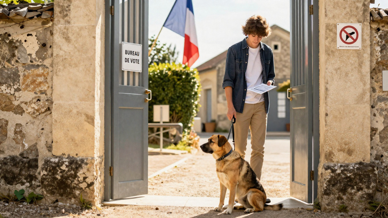 Young person holding voting papers with dog outside a French polling station entrance.