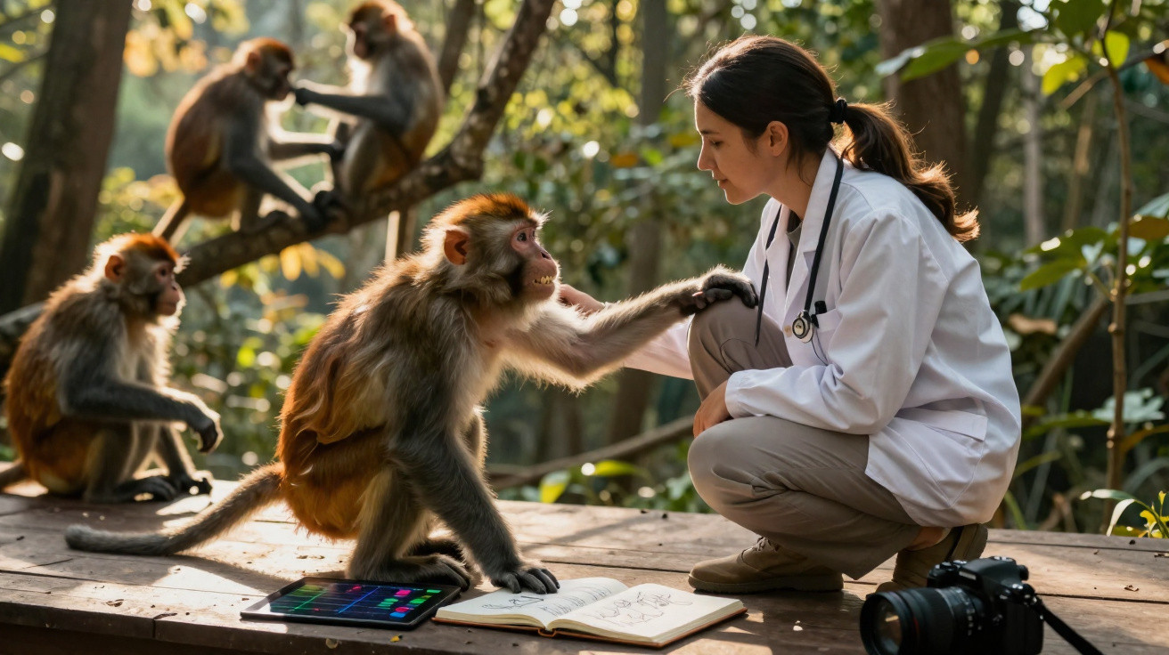 A female vet in a white coat interacts with a monkey on a wooden platform in a forest setting.