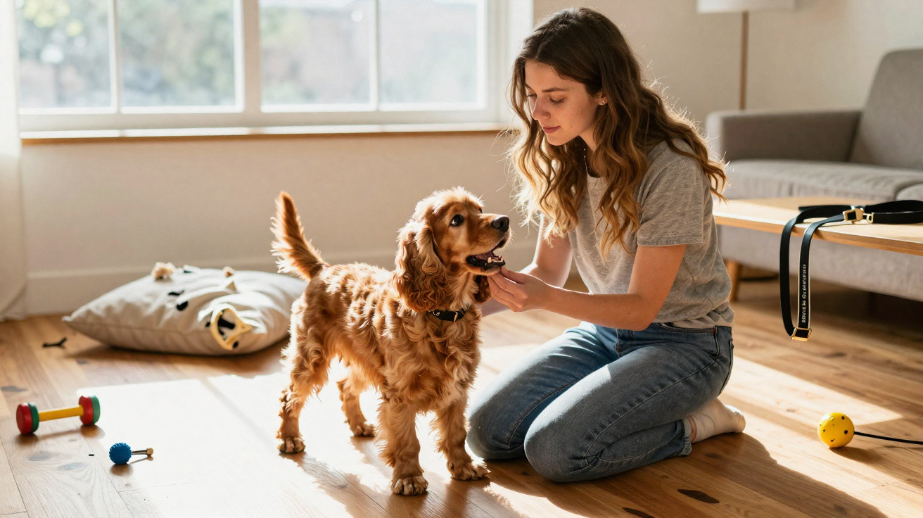 Woman kneeling on wooden floor playing with a happy golden spaniel dog near scattered toys.