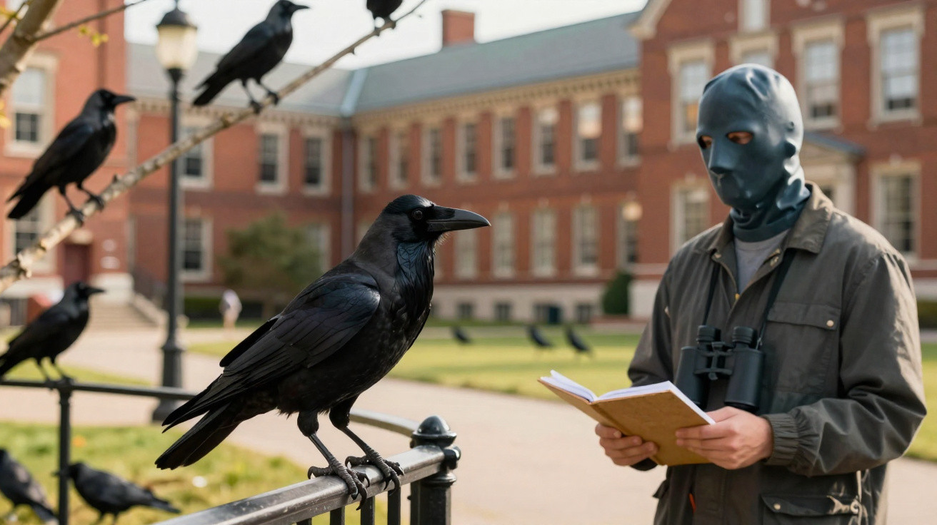 Person wearing a blue latex mask reading a book outdoors with black crows perched nearby on a sunny day.