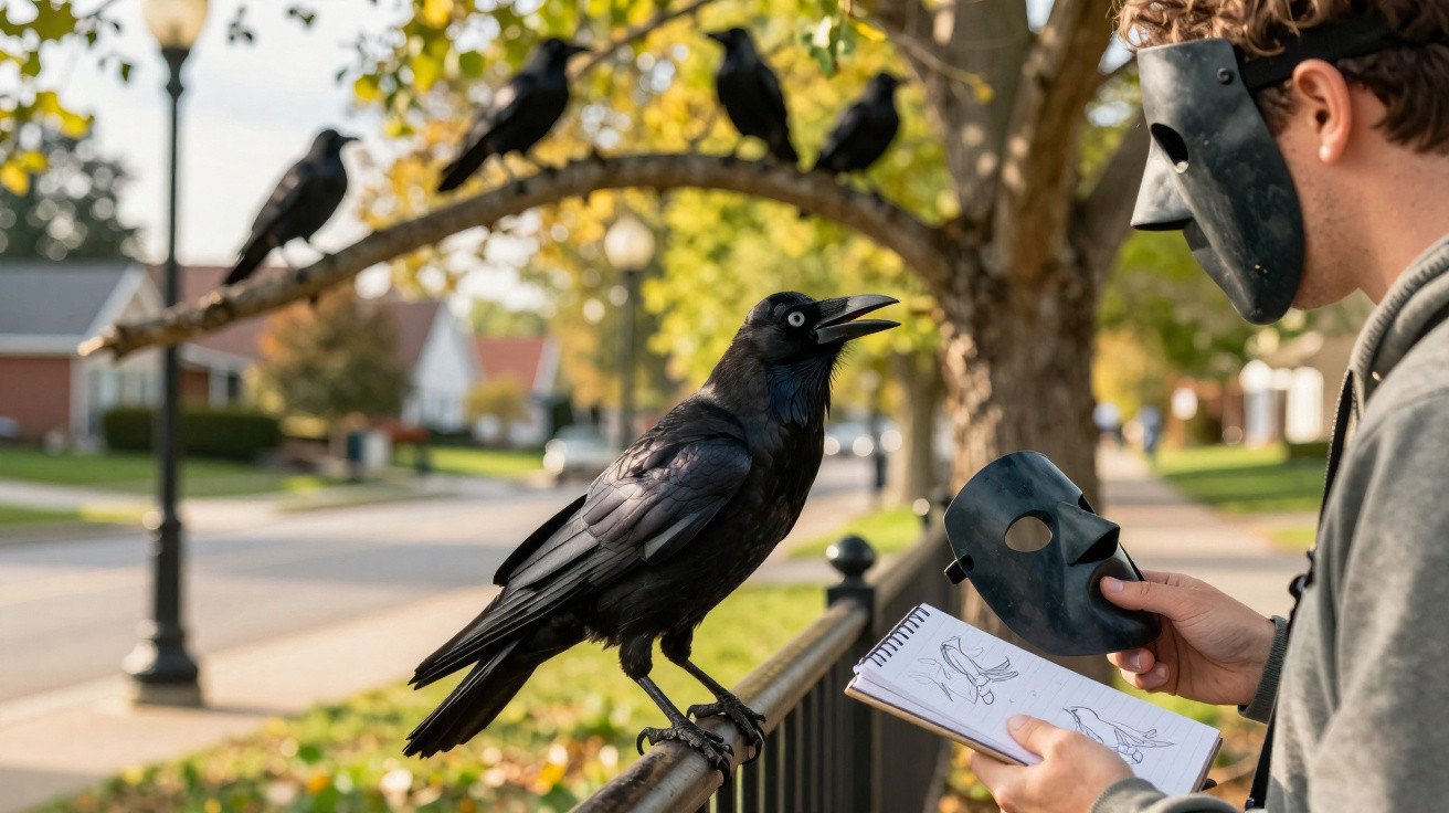 Person wearing a black mask sketching a perched crow holding another mask, with more crows on a tree branch nearby.