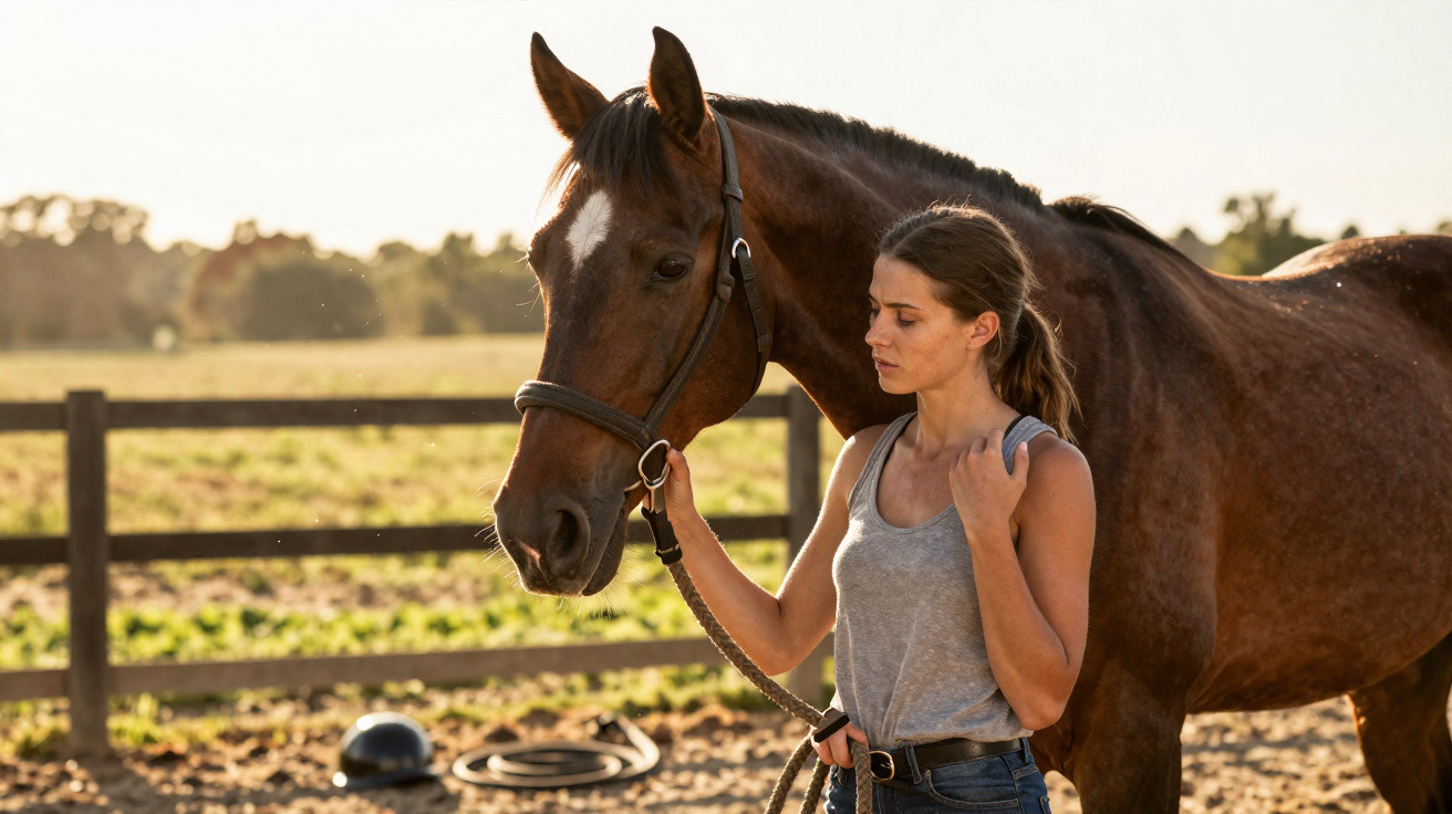 Young woman in a grey vest standing beside a brown horse in an outdoor paddock with fencing and riding gear.
