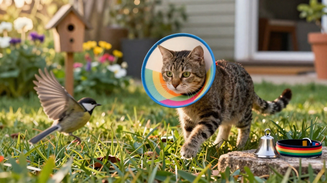 Tabby cat wearing a colourful cone collar walking on grass near a bird and a small bell outside a house