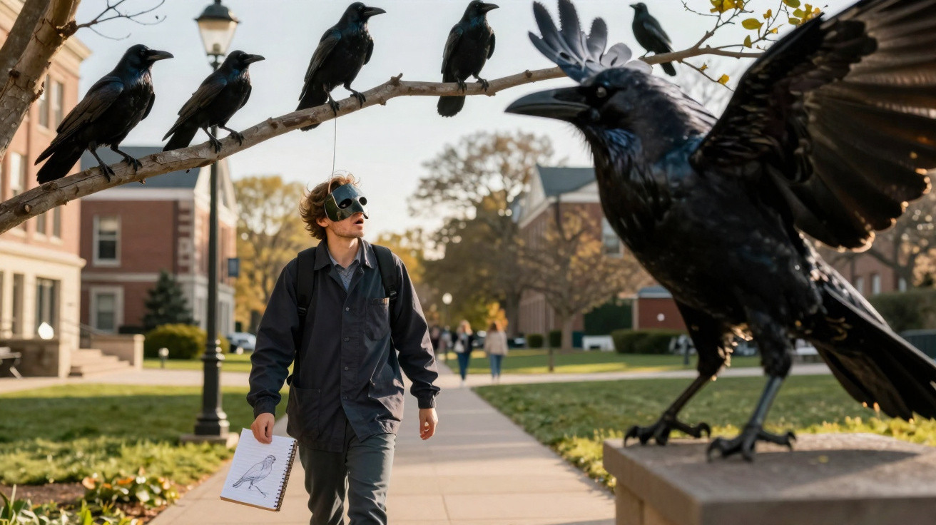 Young man wearing a raven mask walks under a branch with perched ravens on a college campus pathway.