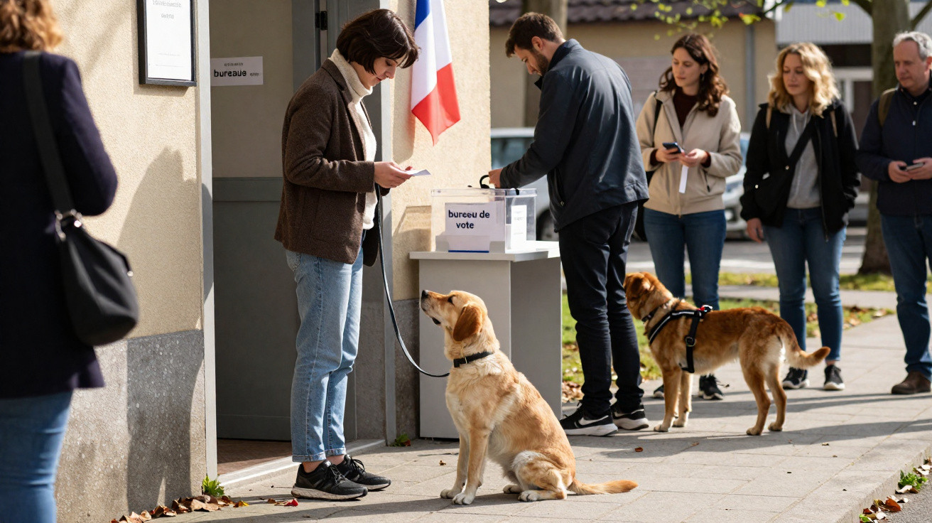People voting outside a polling station with dogs waiting beside them on a sunny day.