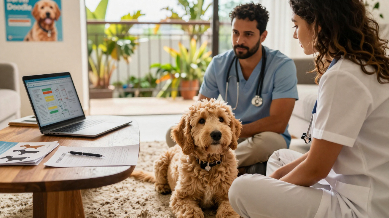 Veterinarians in scrubs examining a golden doodle puppy in a bright consulting room with a laptop on the table.
