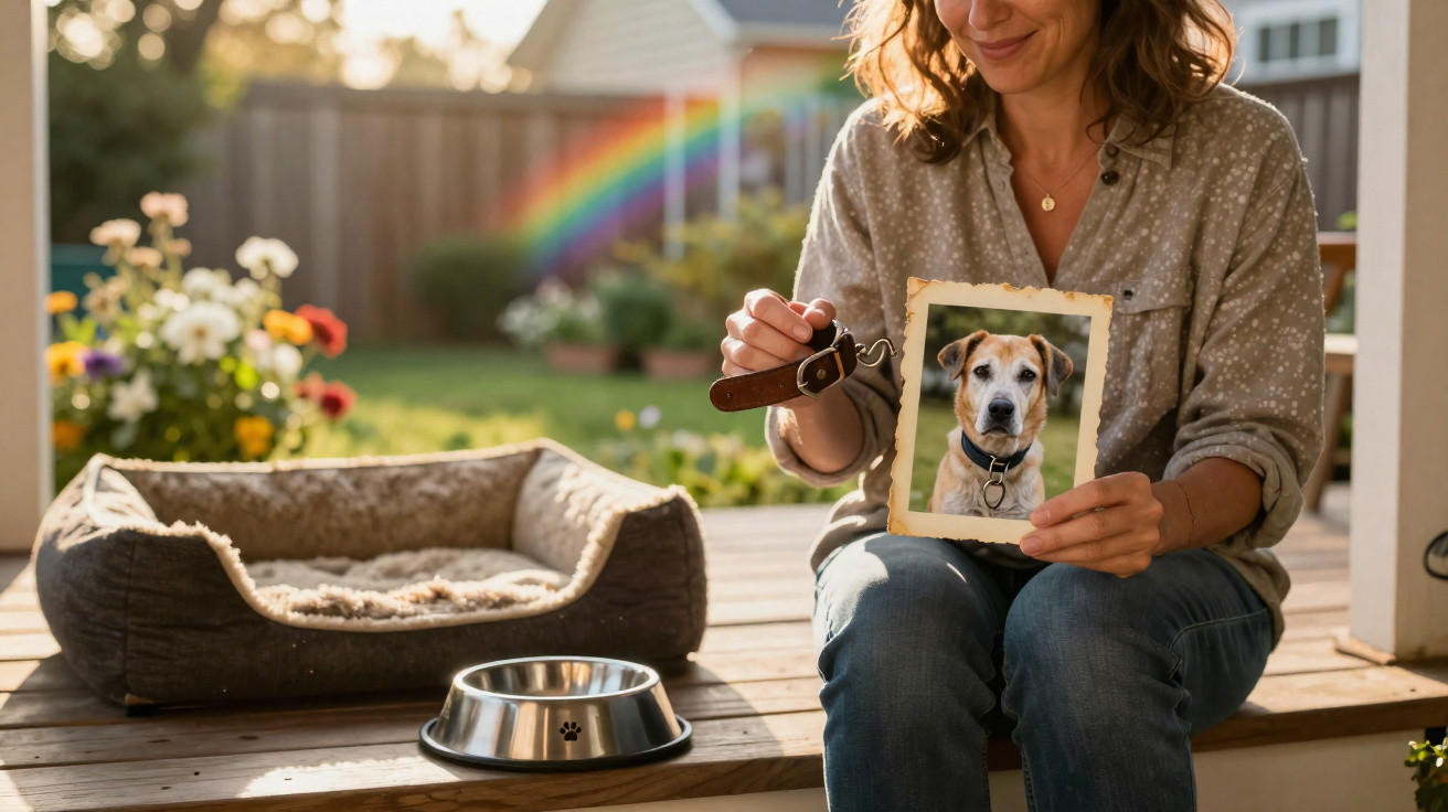 Woman holding a photo and collar of a dog beside a pet bed and food bowl on a sunny porch.
