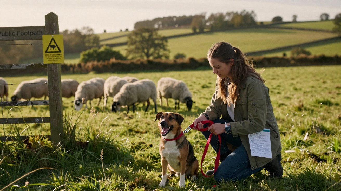 Woman kneeling with a dog on a lead near a public footpath in a grassy field with grazing sheep.