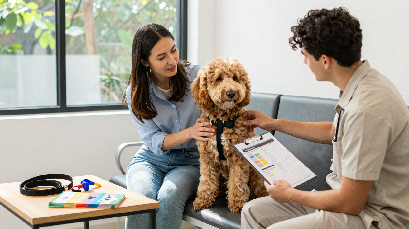 Vet examining a brown dog while owner comforts it in a bright veterinary clinic waiting room.